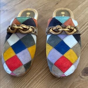 Tory Burch Multi-Color Patchwork Suede Slip-On Mules with Gold Hardware